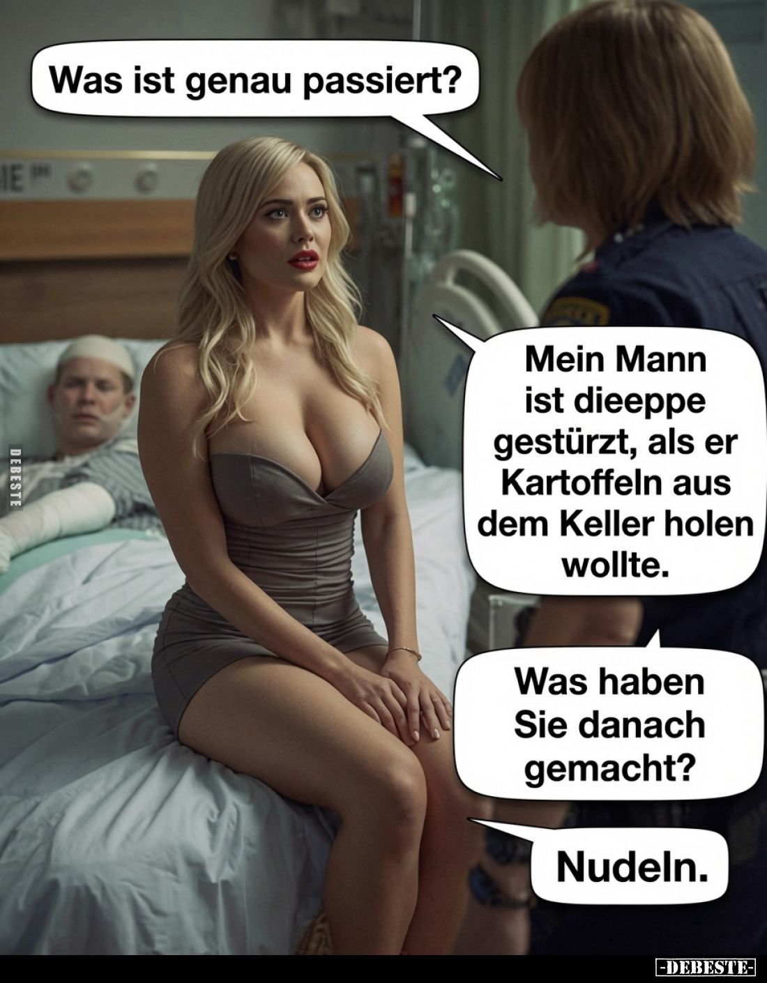 Was ist genau passiert?

Mein Mann ist die Treppe gestürzt, als er Kartoffeln aus dem Keller holen wollte.
Was haben Sie d...