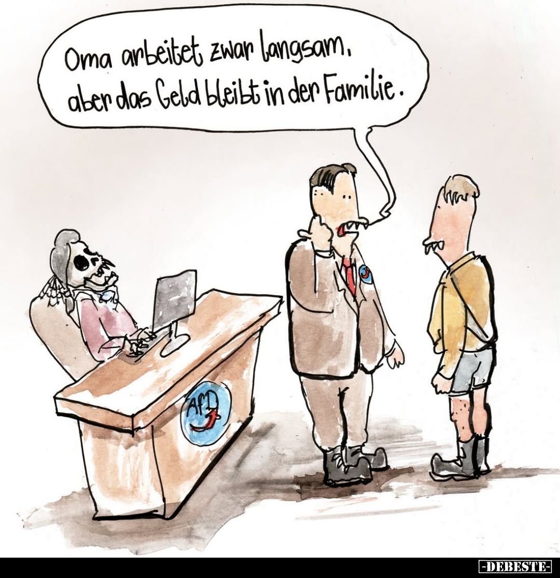 Oma arbeitet zwar langsam, aber das Geld bleibt in der Familie.