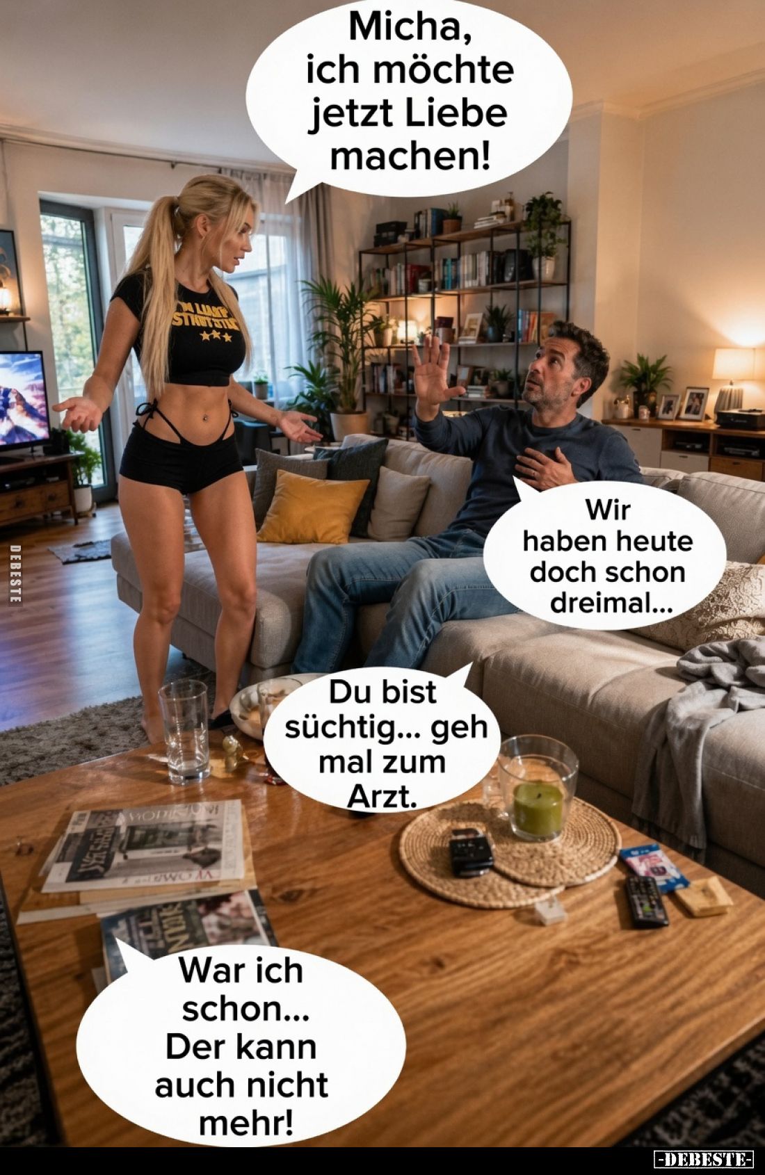 Micha, ich möchte jetzt Liebe machen!
Wir haben heute doch schon dreimal...
Du bist süchtig... geh mal zum Arzt.
War ich...