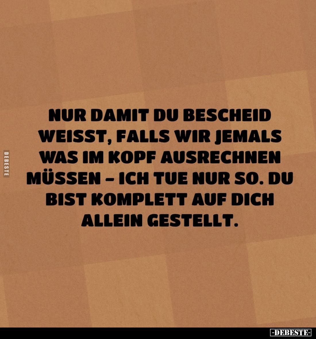 Nur damit du Bescheid weisst, falls wir jemals was im Kopf ausrechnen müssen - ich tue nur so. Du bist komplett auf dich alle...