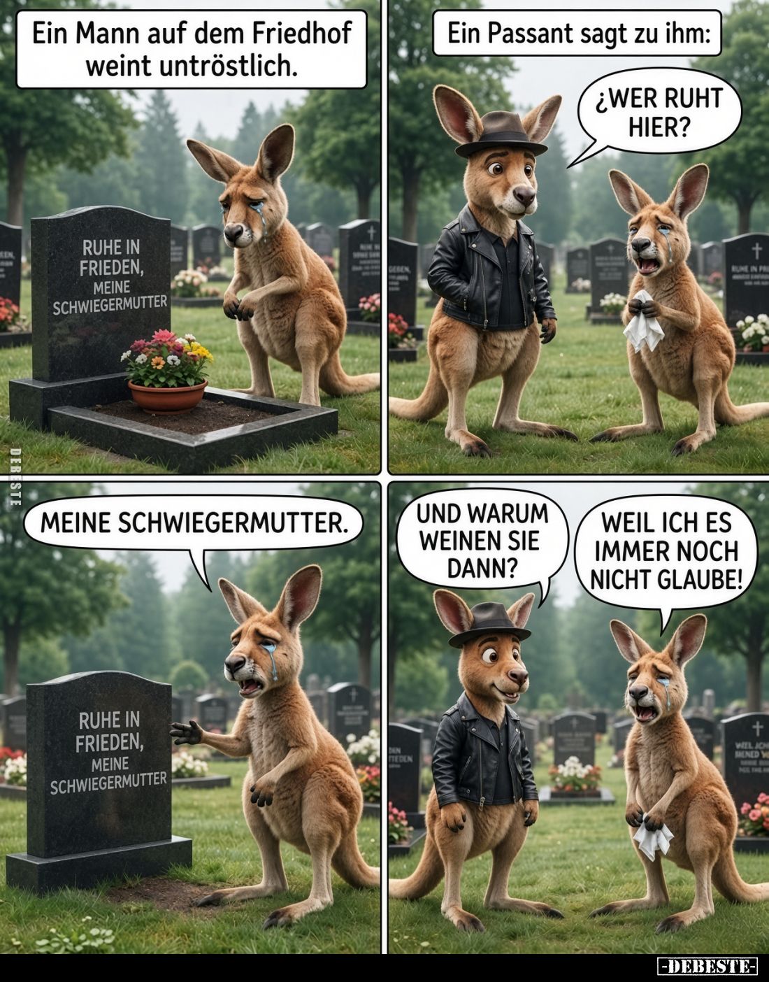 Ein Mann auf dem Friedhof weint untröstlich.
Ein Passant fragt ihn: Wer ruht hier?
- Meine Schwiegermutter.
- Und warum w...