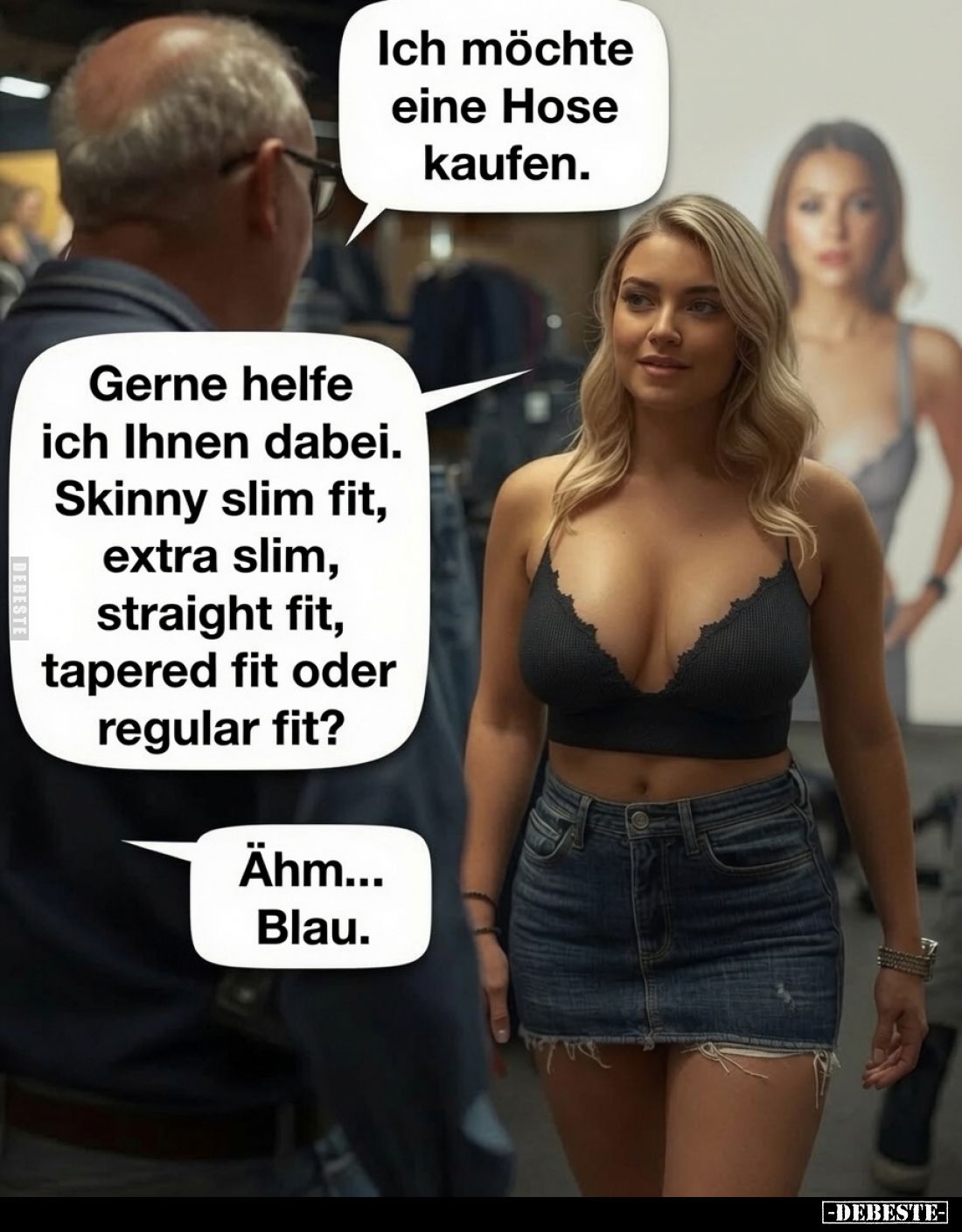 Ich möchte eine Hose kaufen. - Gerne helfe ich Ihnen dabei.
Skinny slim fit, extra slim, straight fit, tapered fit oder regu...