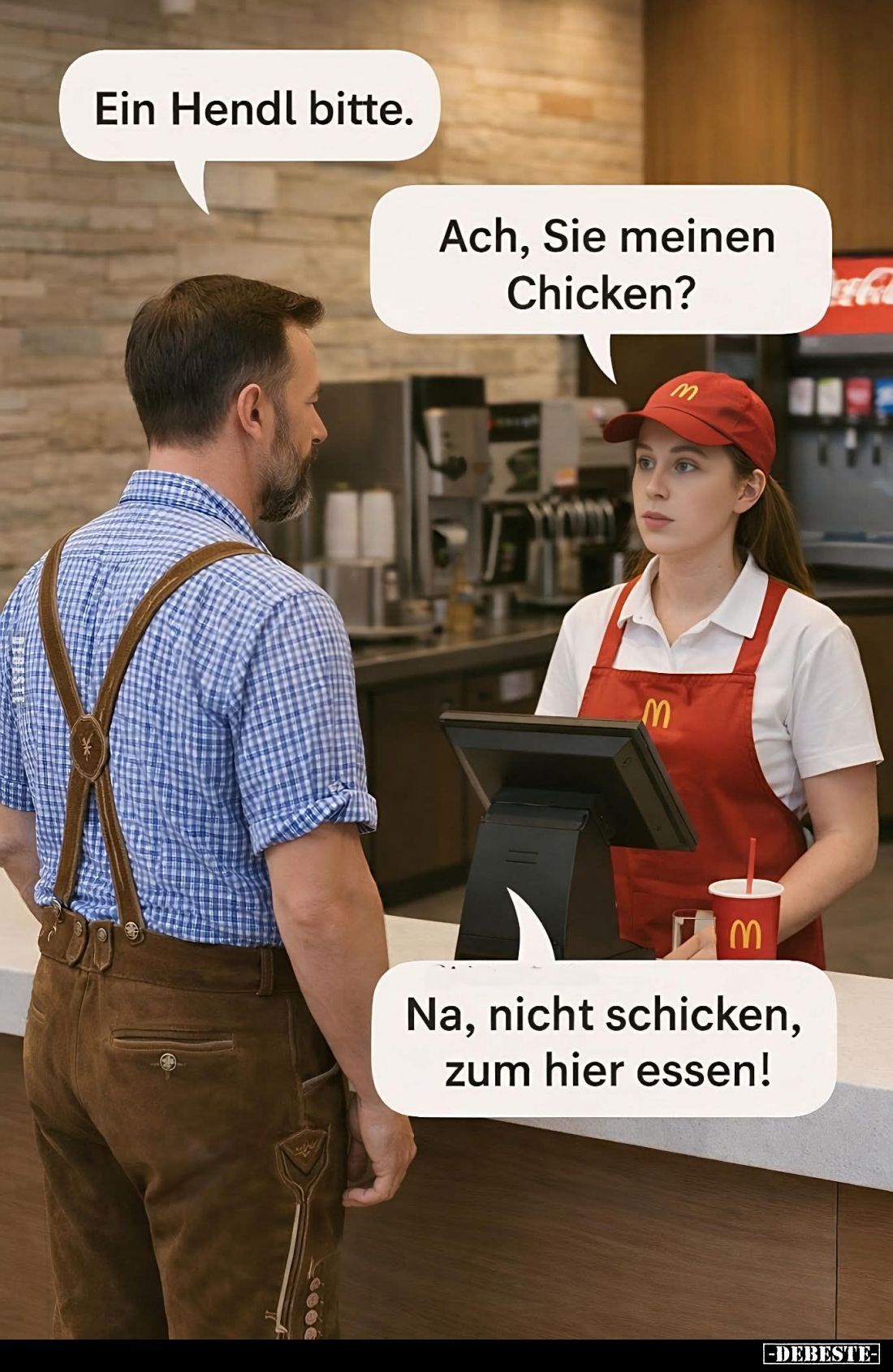 Ein Hendl bitte. -
Ach, Sie meinen Chicken?
-
Na, nicht schicken, zum hier essen!