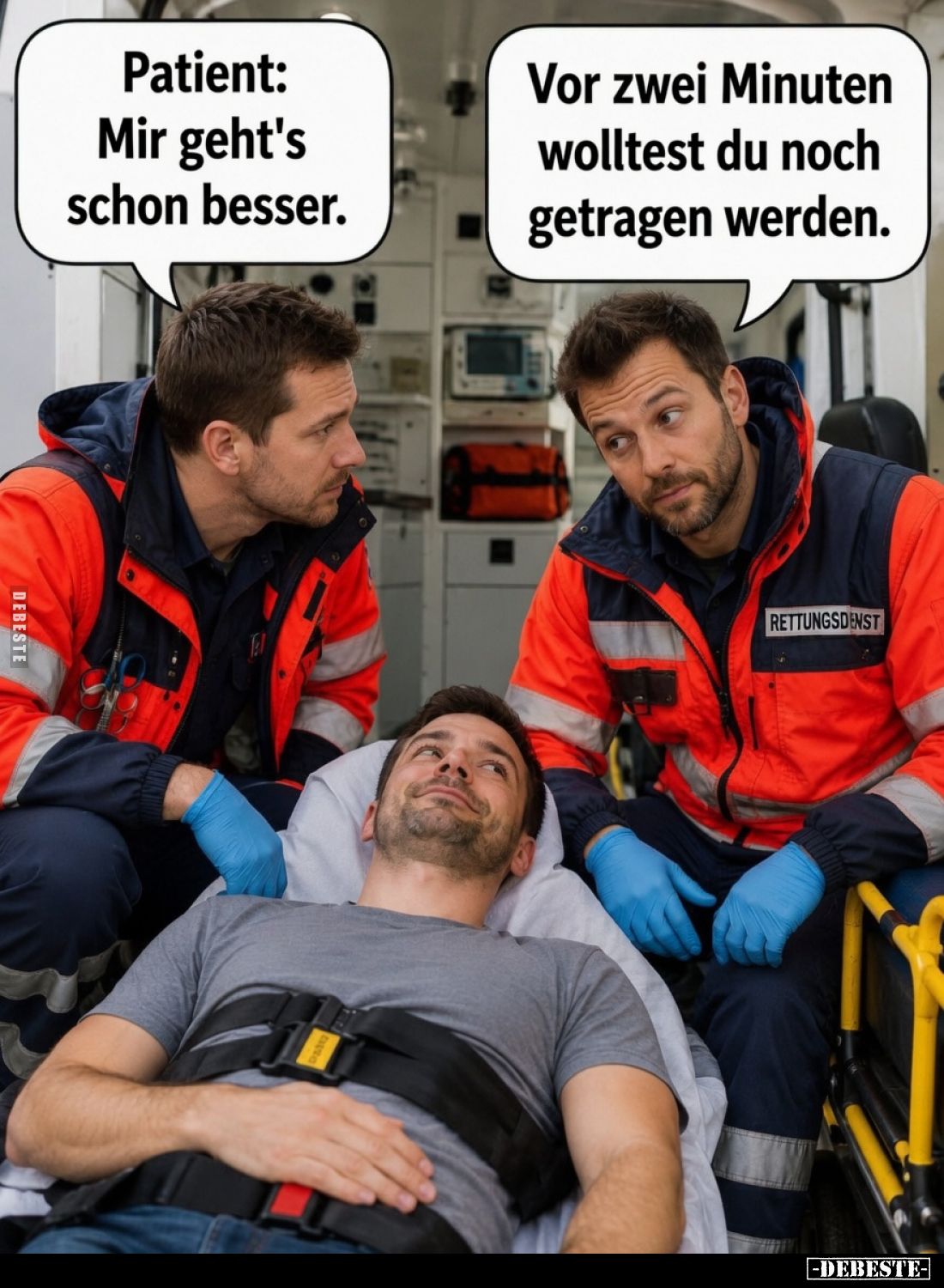 Patient: Mir geht's schon besser. -
Vor zwei Minuten wolltest du noch getragen werden.