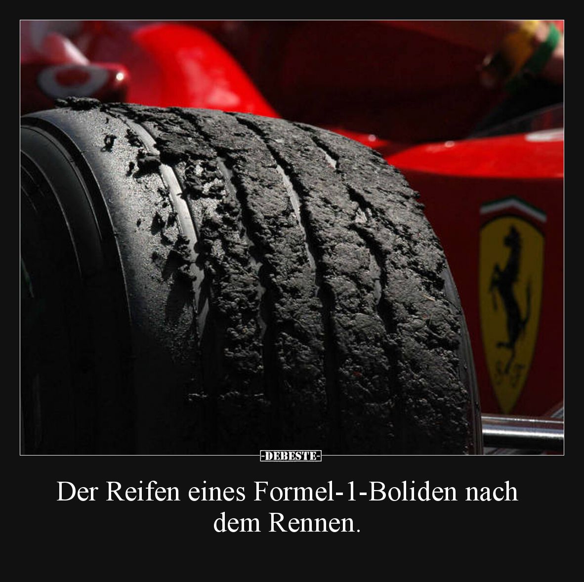 Der Reifen eines Formel-1-Boliden nach dem Rennen.