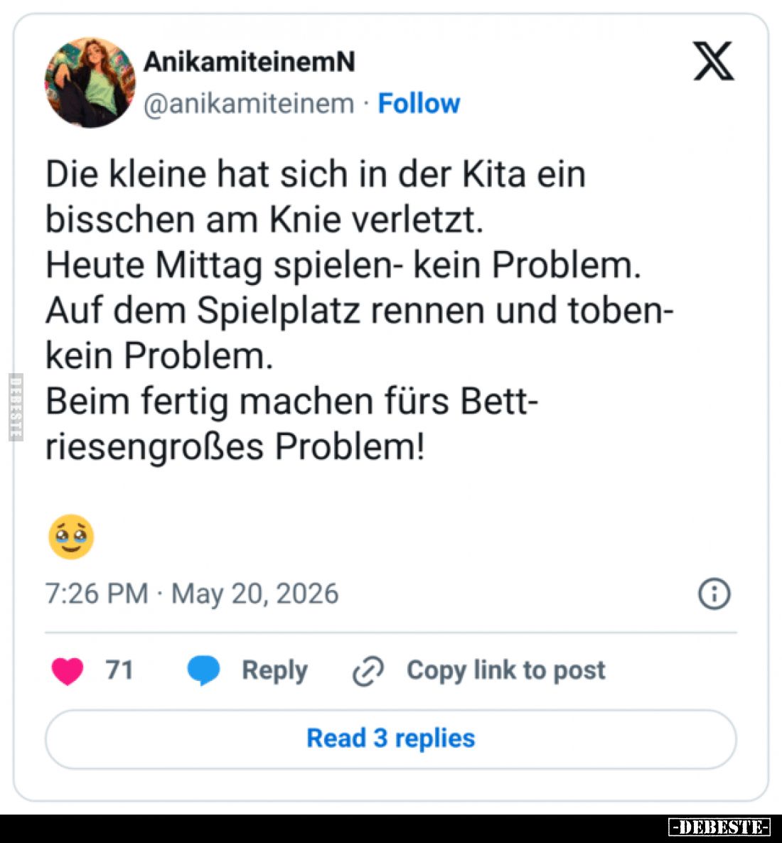 Die kleine hat sich in der Kita ein bisschen am Knie verletzt.
Heute Mittag spielen- kein Problem.
Auf dem Spielplatz renne...