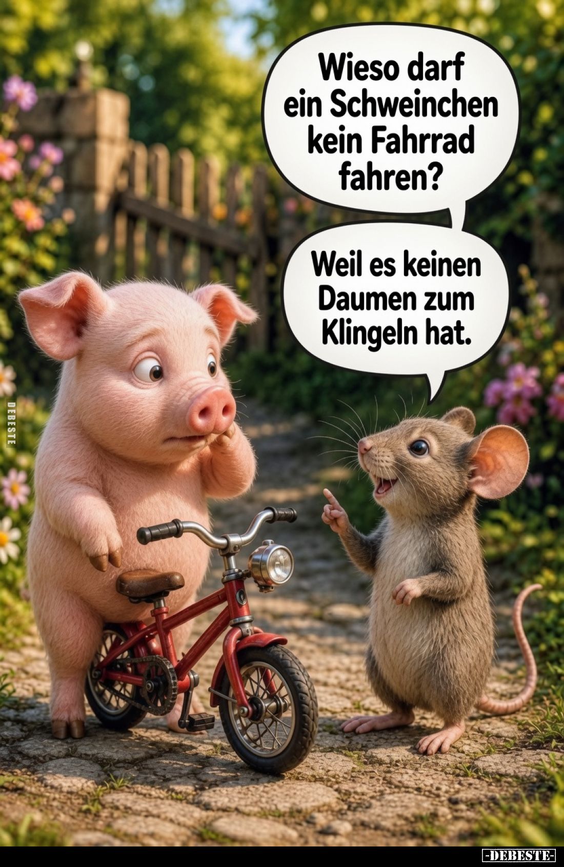 Wieso darf ein Schweinchen kein Fahrrad fahren?
Weil es keinen Daumen zum Klingeln hat.