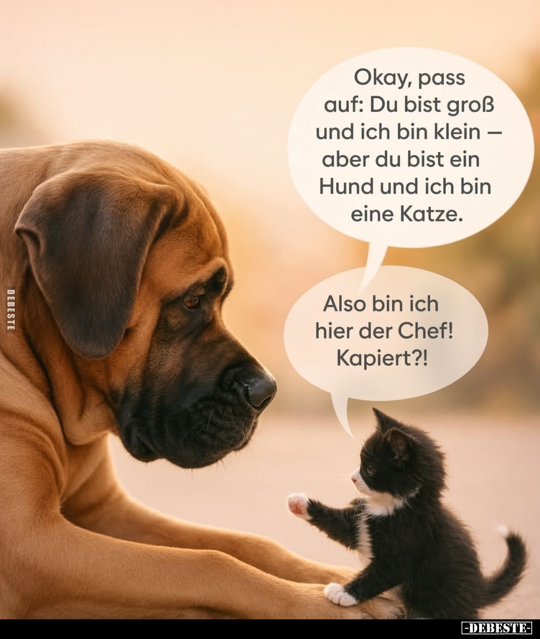 Okay, pass auf: Du bist groß und ich bin klein - aber du bist ein Hund und ich bin eine Katze.
Also bin ich hier der Chef!
...
