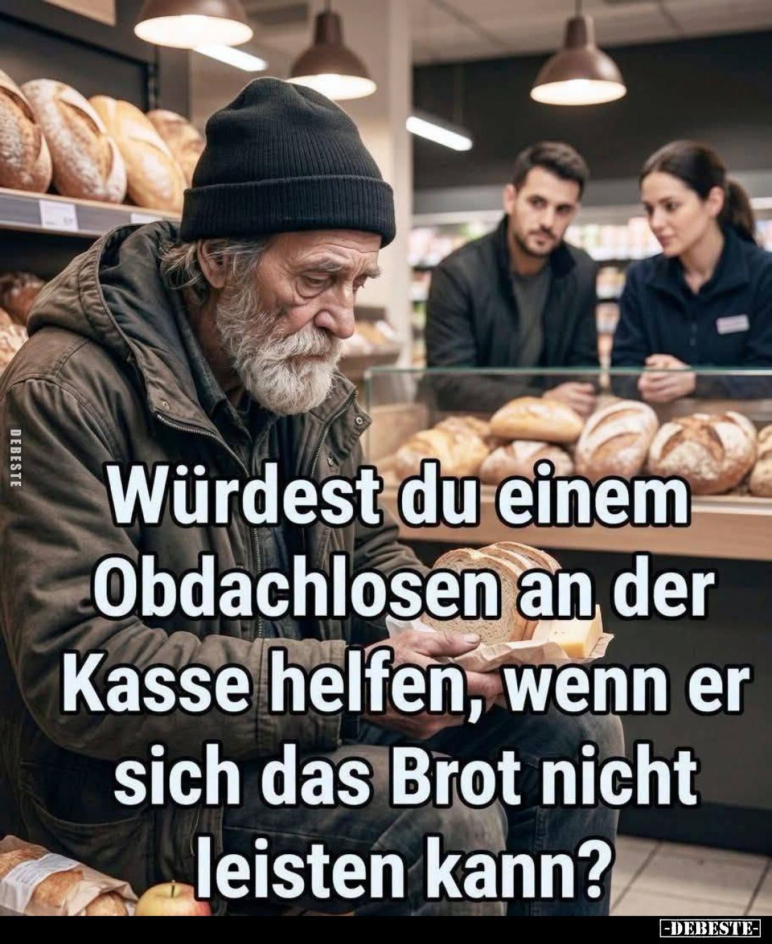 Würdest du einem Obdachlosen an der Kasse helfen, wenn er sich das Brot nicht leisten kann?