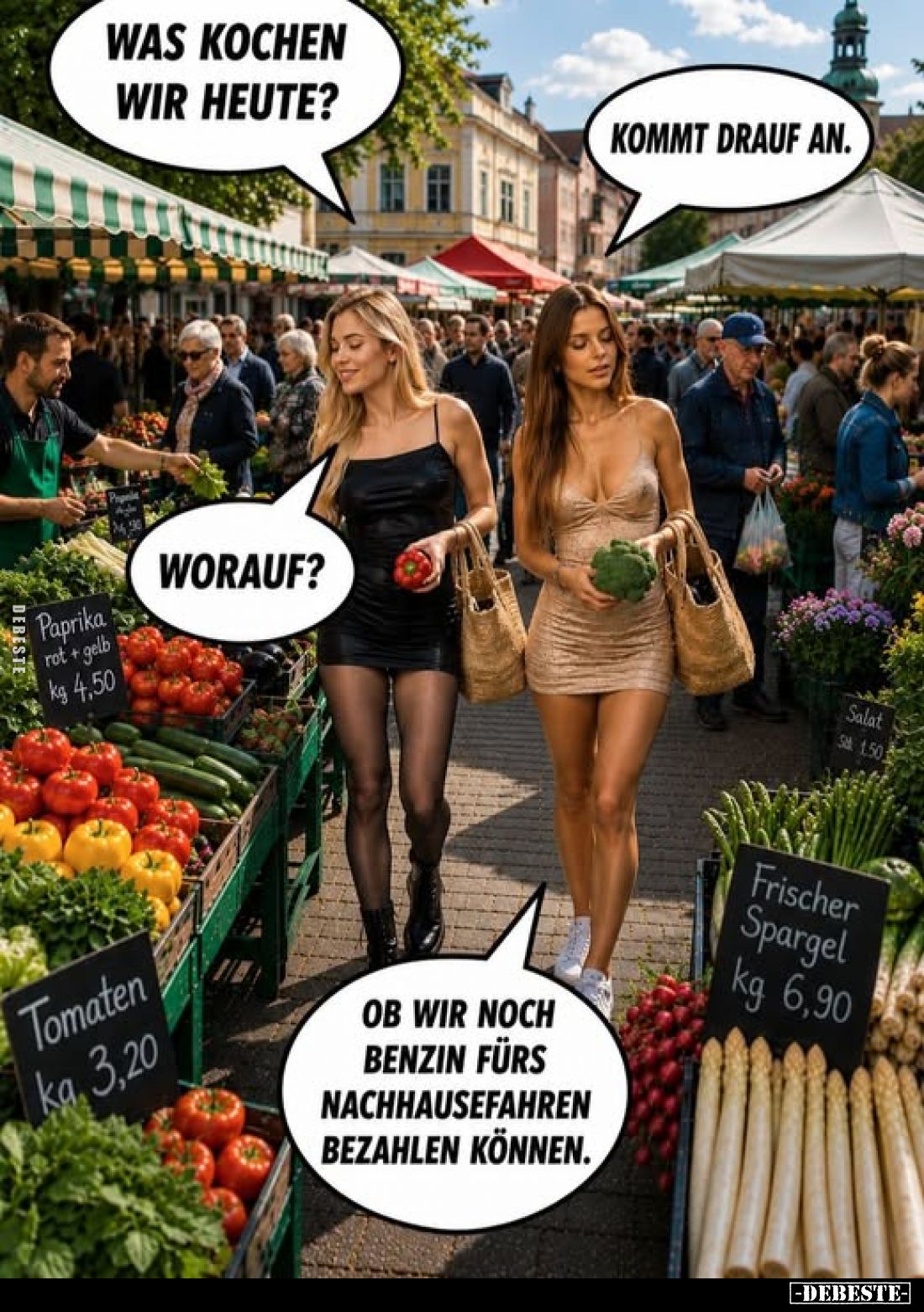 Was kochen wir heute?
-
Kommt drauf an.
-
Worauf?
-
Ob wir noch Benzin fürs Nachhausefahren bezahlen können.