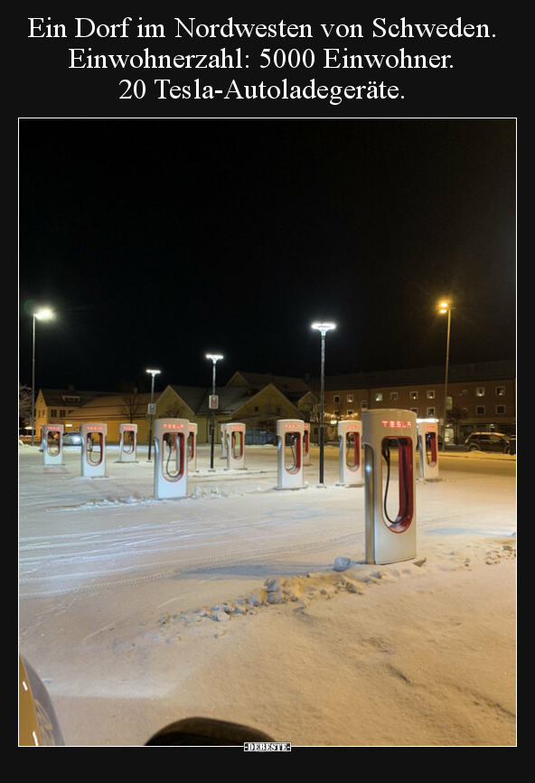 Ein Dorf im Nordwesten von Schweden. Einwohnerzahl: 5000 Einwohner. 20 Tesla-Autoladegeräte