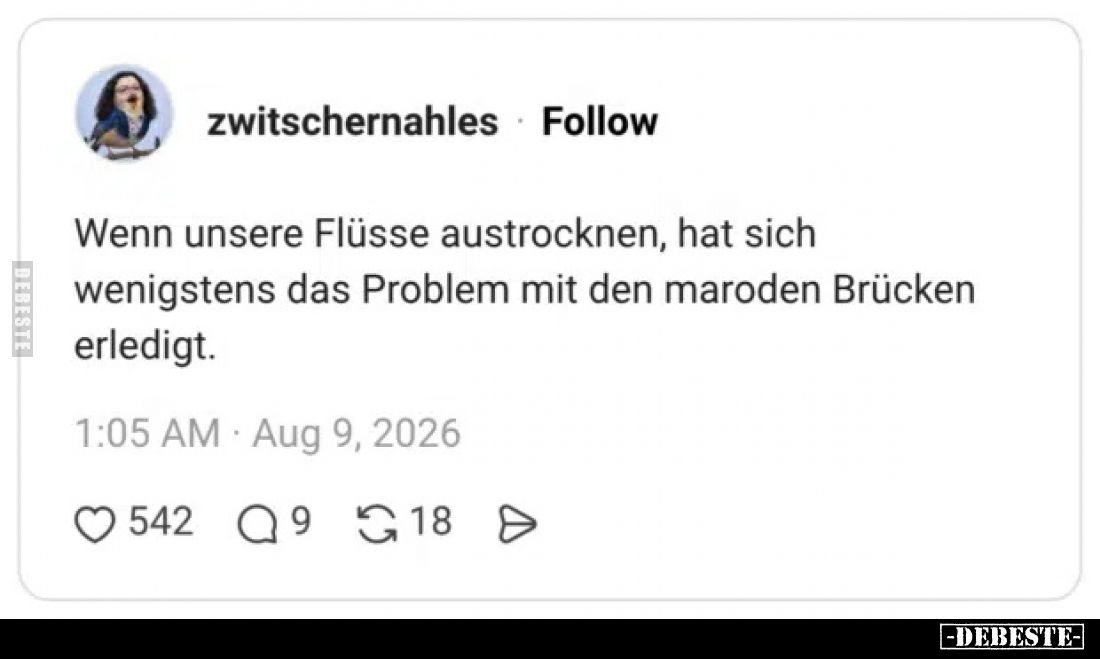 Wenn unsere Flüsse austrocknen, hat sich wenigstens das Problem mit den maroden Brücken erledigt.