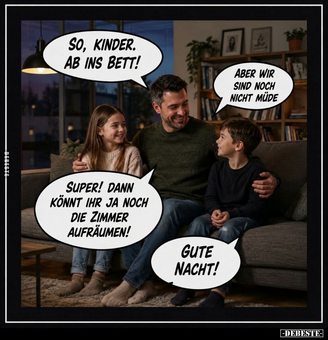 So, Kinder, ab ins Bett! -
Aber wir sind noch nicht müde. -
Super! Dann könnt ihr ja noch die Zimmer aufräumen! -
Gute Nac...