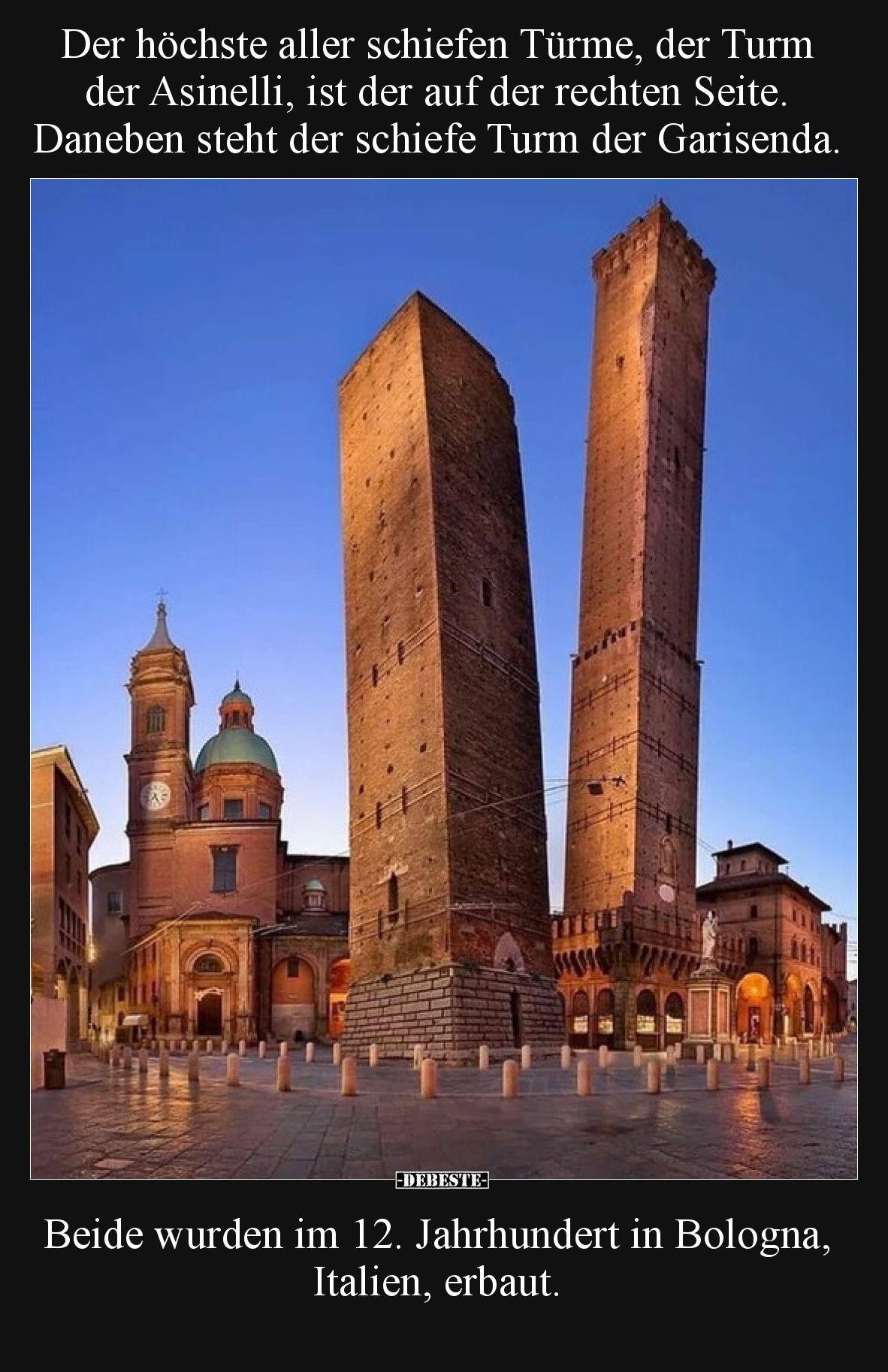 Der höchste aller schiefen Türme, der Turm der Asinelli, ist der auf der rechten Seite. Daneben steht der schiefe Turm der Ga...