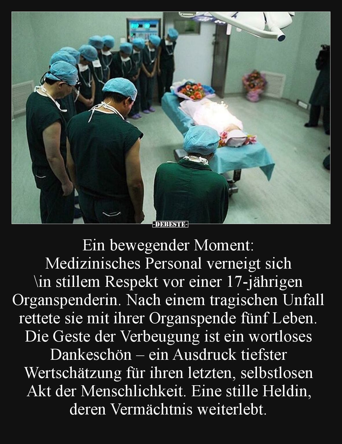 Ein bewegender Moment: Medizinisches Personal verneigt sich in stillem Respekt vor einer 17-jährigen Organspenderin. Nach ein...