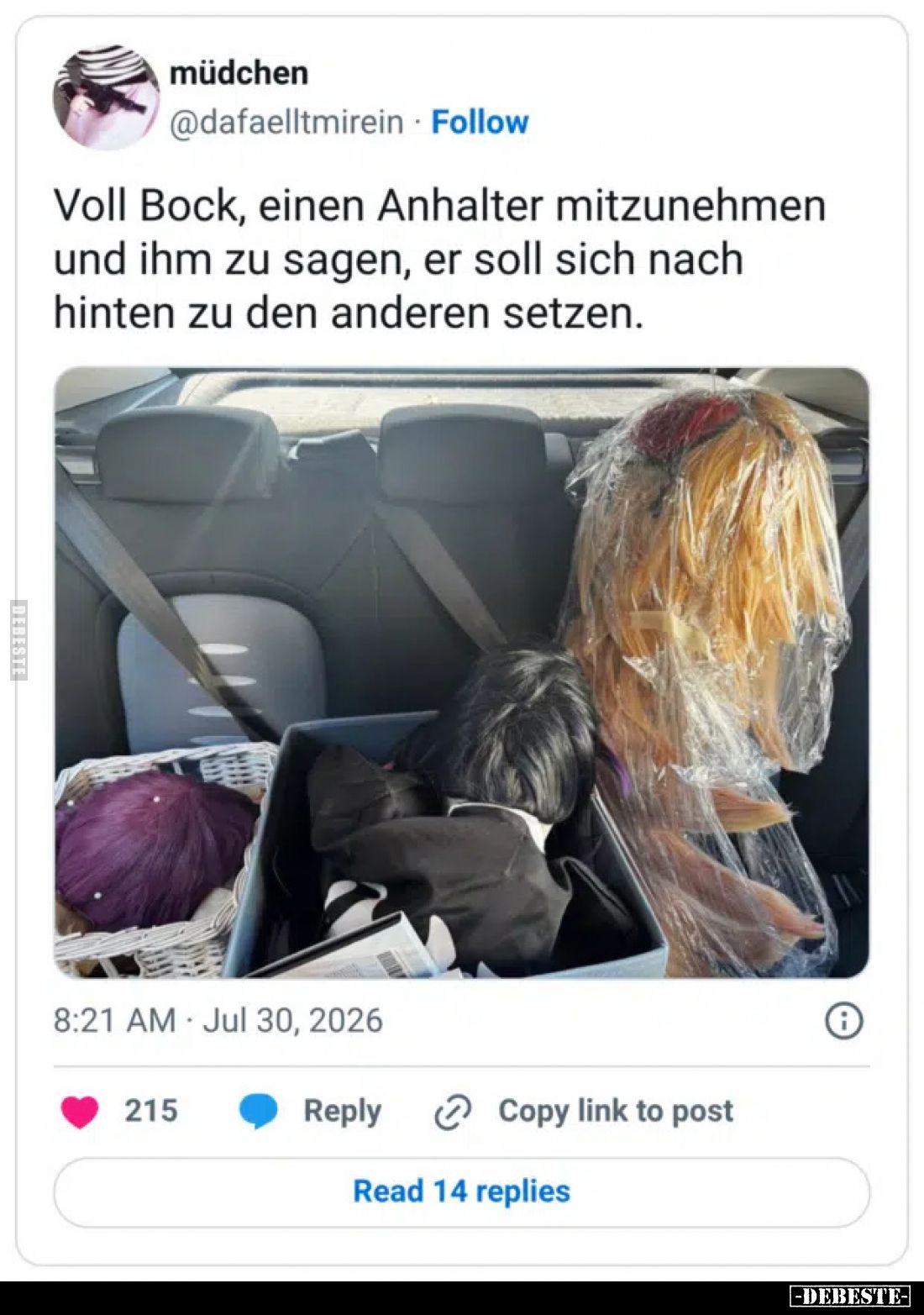 Voll Bock, einen Anhalter mitzunehmen und ihm zu sagen, er soll sich nach hinten zu den anderen setzen.