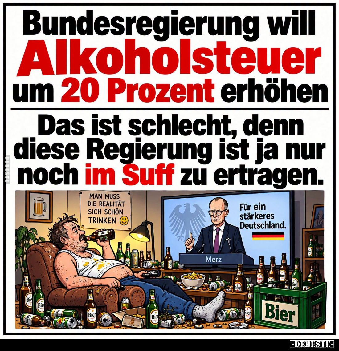 Bundesregierung will Alkoholsteuer um 20 Prozent erhöhen Das ist schlecht, denn diese Regierung ist ja nur noch im Suff zu er...