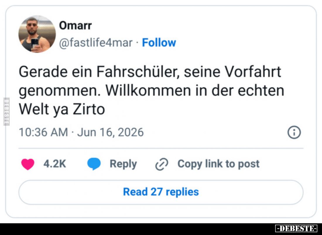 Gerade ein Fahrschüler, seine Vorfahrt genommen.
Willkommen in der echten Welt ya Zirto