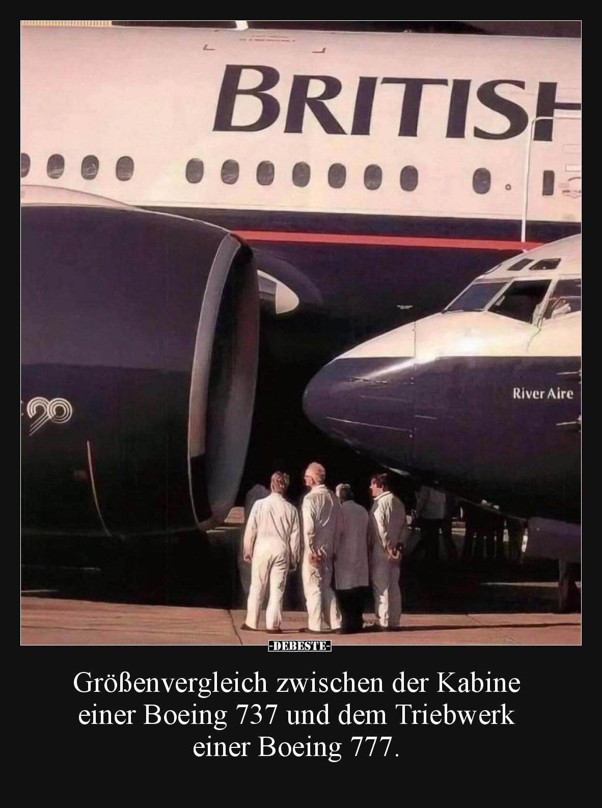 Größenvergleich zwischen der Kabine einer Boeing 737 und dem Triebwerk einer Boeing 777.