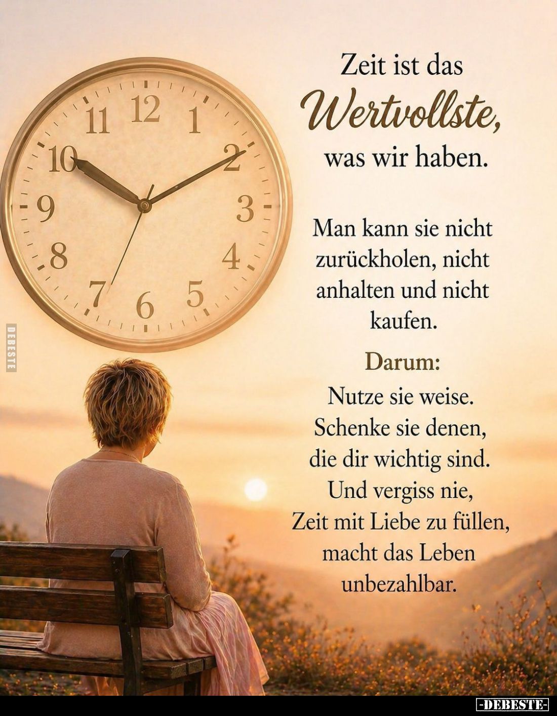 Zeit ist das Wertvollste, was wir haben.
Man kann sie nicht zurückholen, nicht anhalten und nicht kaufen. -
Darum:
Nutze s...