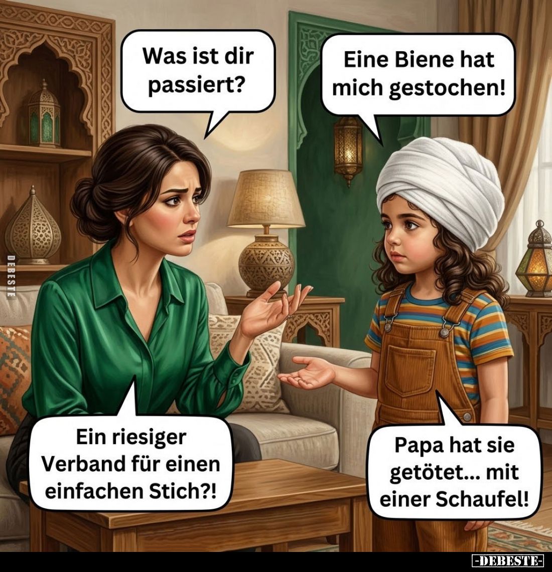 Was ist dir passiert? -
Eine Biene hat mich gestochen! -
Ein riesiger Verband für einen einfachen Stich?!
-
Papa hat sie ...