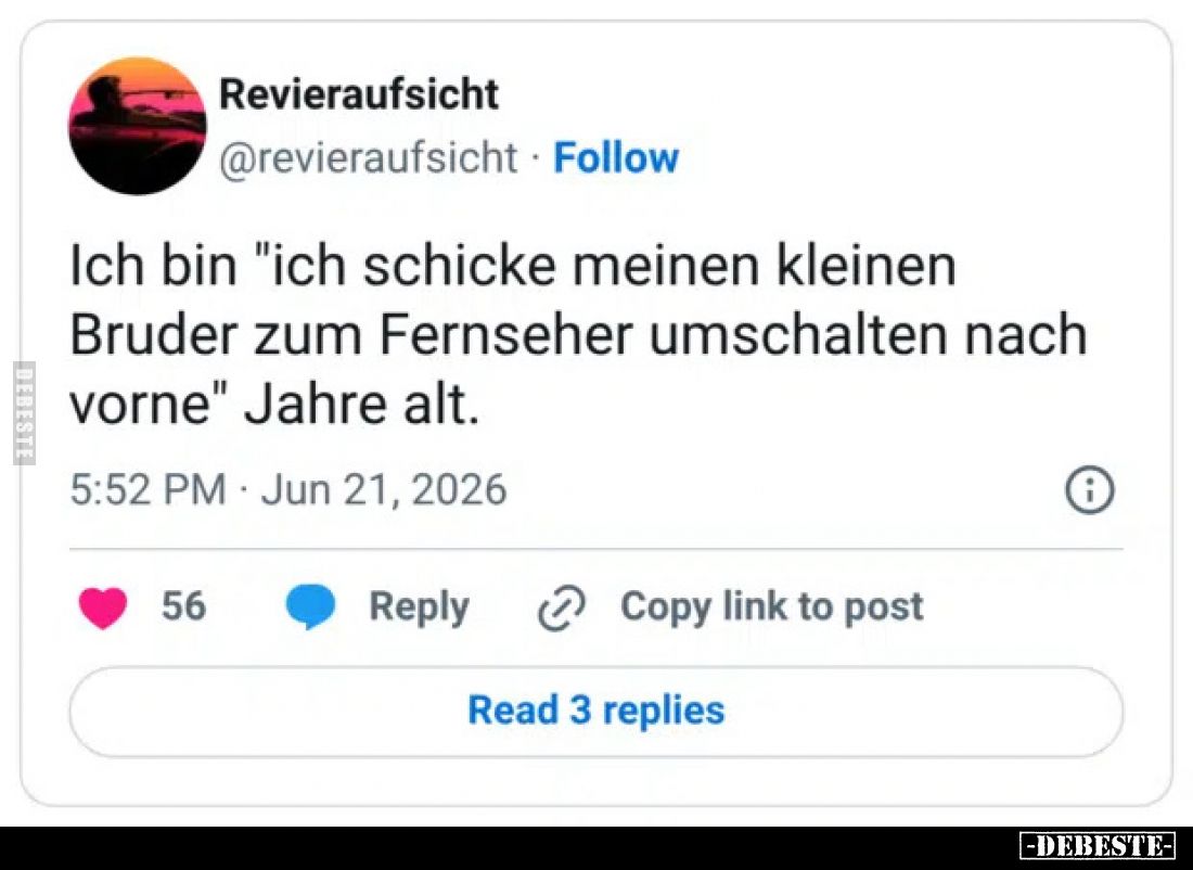 Ich bin "ich schicke meinen kleinen Bruder zum Fernseher umschalten nach vorne" Jahre alt.