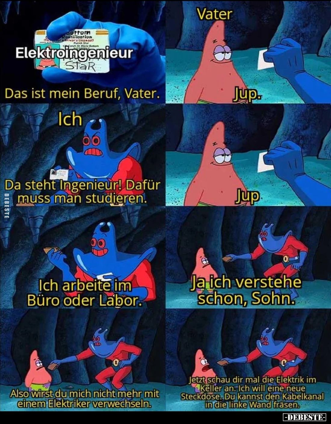 Vater.

Elektroingenieur.

Das ist mein Beruf, Vater.

Jup.

Ich.

Da steht Ingenieur! Dafür muss man studieren.
...