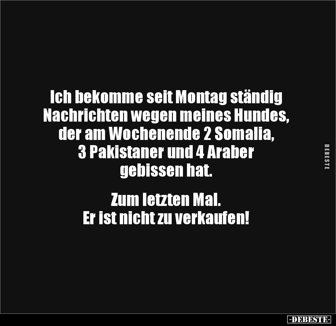 Ich bekomme seit Montag ständig Nachrichten wegen meines Hundes, der am Wochenende 2 Somalia,
3 Pakistaner und 4 Araber 
ge...
