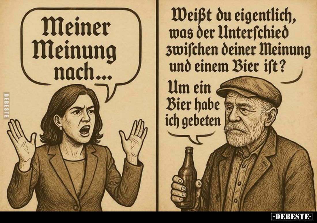 Meiner Meinung nach...
Weißt du eigentlich, was der Unterschied zwischen deiner Meinung und einem Bier ist?
Um ein Bier hab...