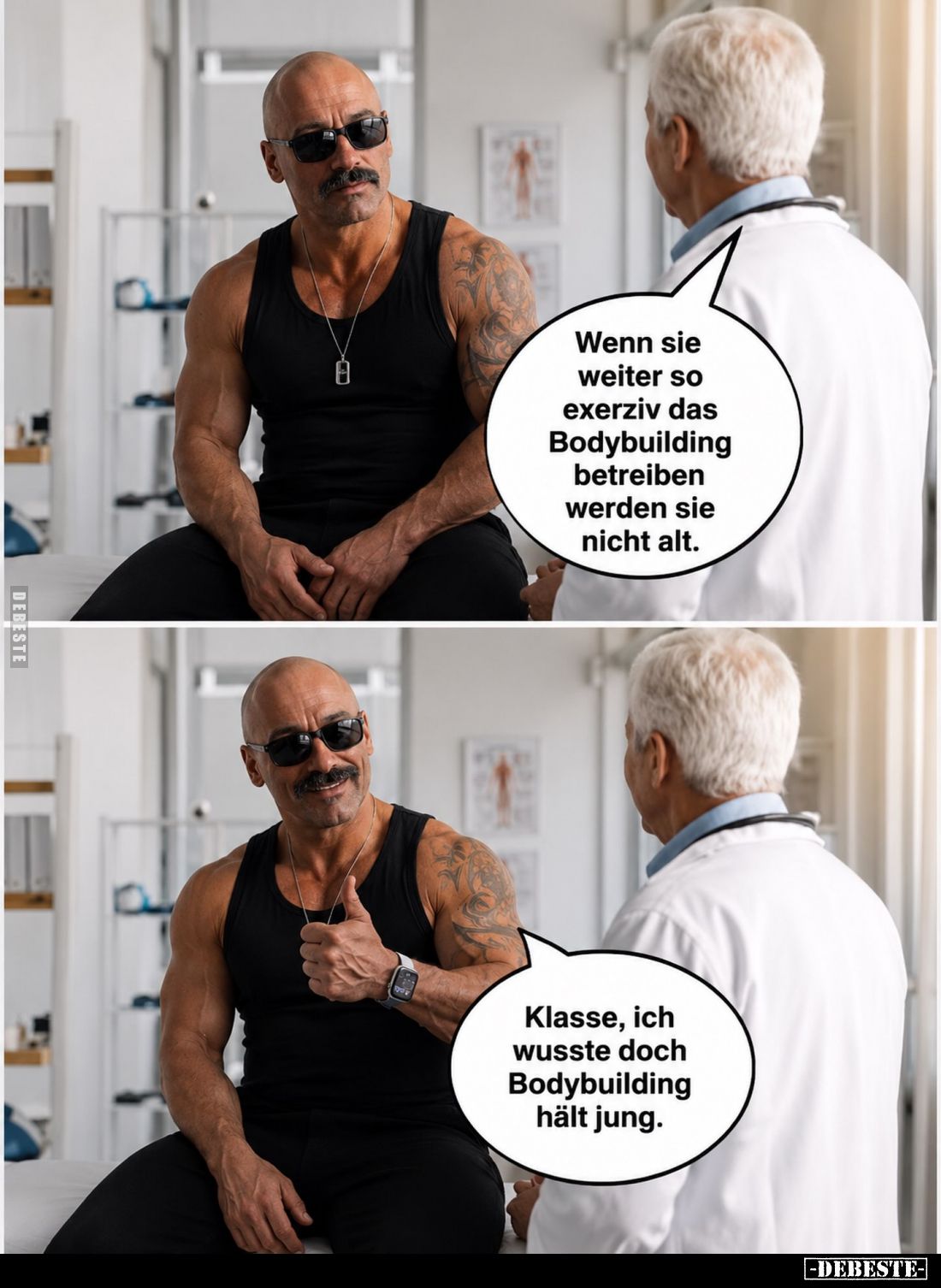 Wenn sie weiter so exerziv das Bodybuilding betreiben werden sie nicht alt.
-
Klasse, ich wusste doch Bodybuilding hält jun...