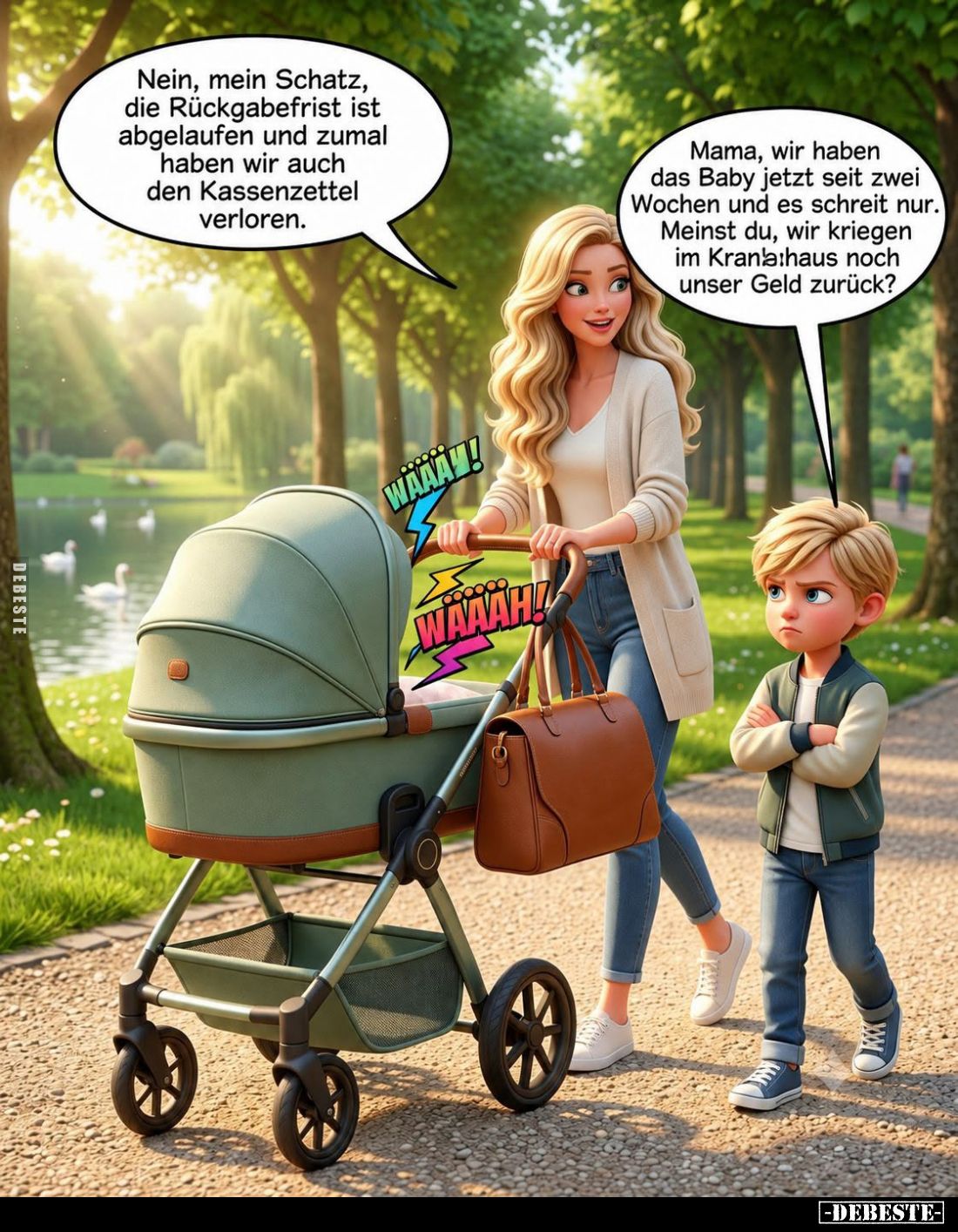 Nein, mein Schatz, die Rückgabefrist ist abgelaufen und zumal haben wir auch den Kassenzettel verloren. -
Mama, wir haben da...