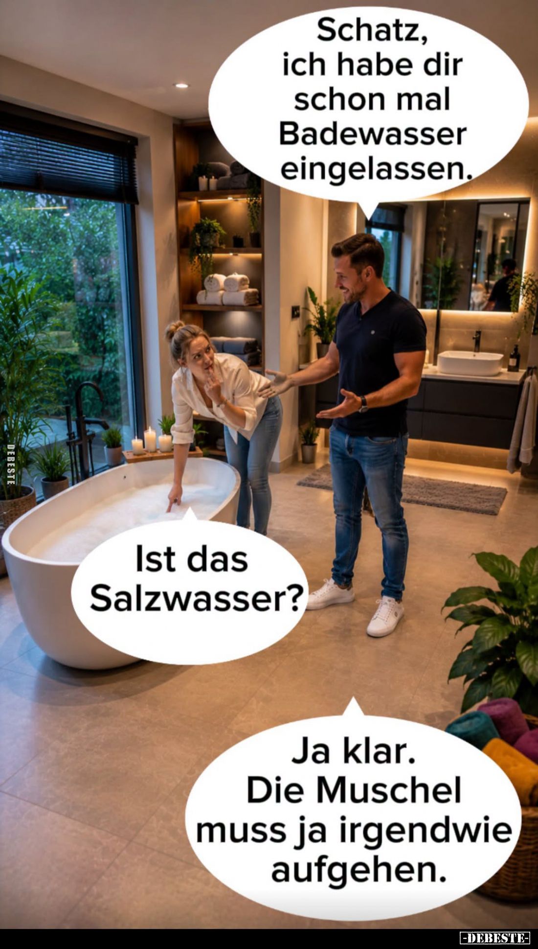 Schatz, ich habe dir schon mal Badewasser eingelassen. -
Ist das Salzwasser?
-
Ja klar. Die Muschel muss ja irgendwie aufg...