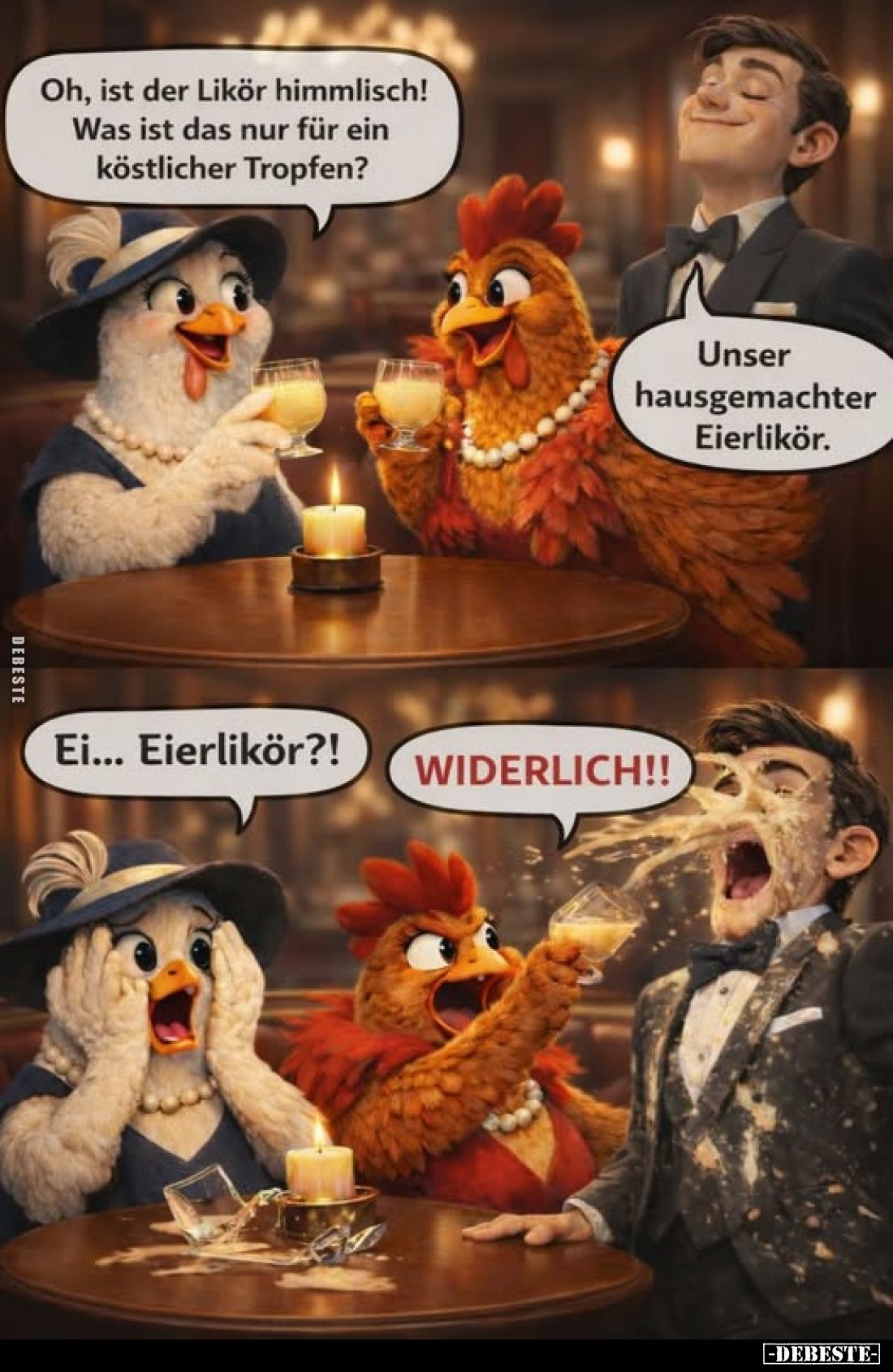 Oh, ist der Likör himmlisch! Was ist das nur für ein köstlicher Tropfen?
Unser hausgemachter Eierlikör.
Ei... Eierlikör?!
...