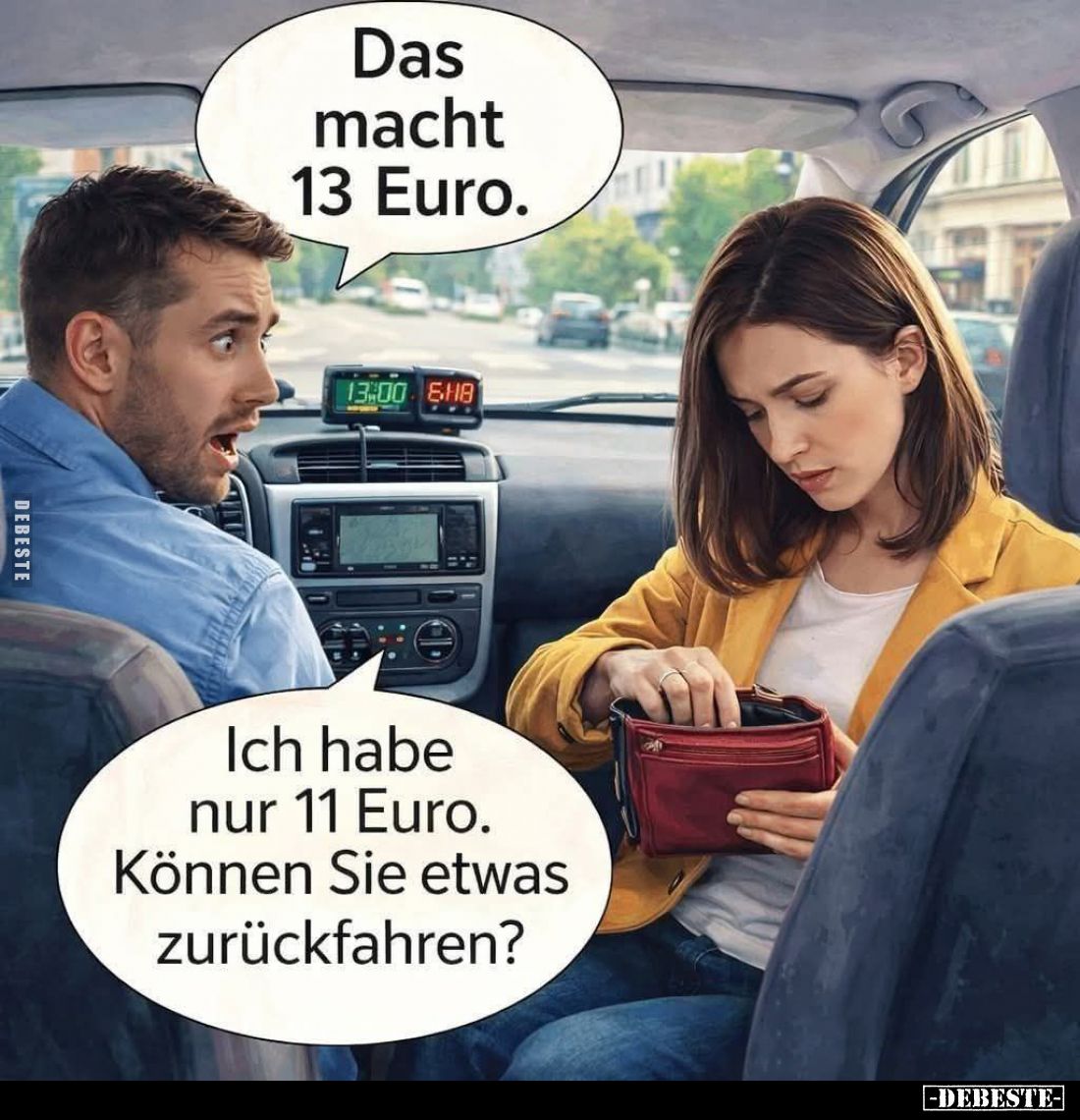 Das macht 13 Euro.
-
Ich habe nur 11 Euro. Können Sie etwas zurückfahren?