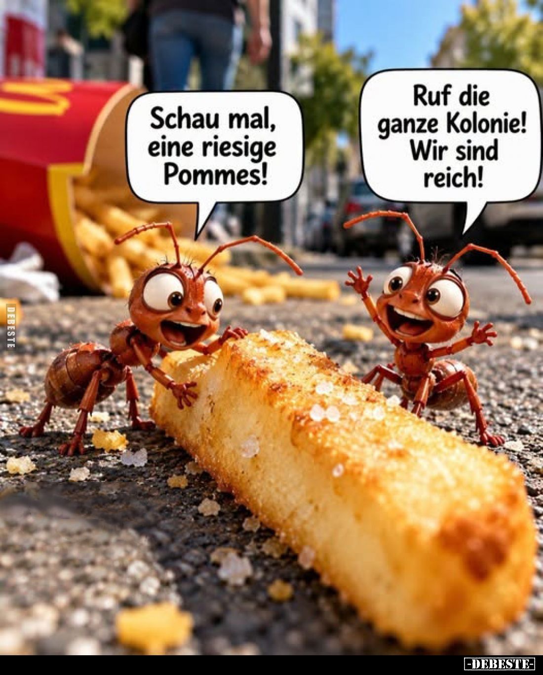 Schau mal, eine riesige Pommes! -
Ruf die ganze Kolonie! Wir sind reich!