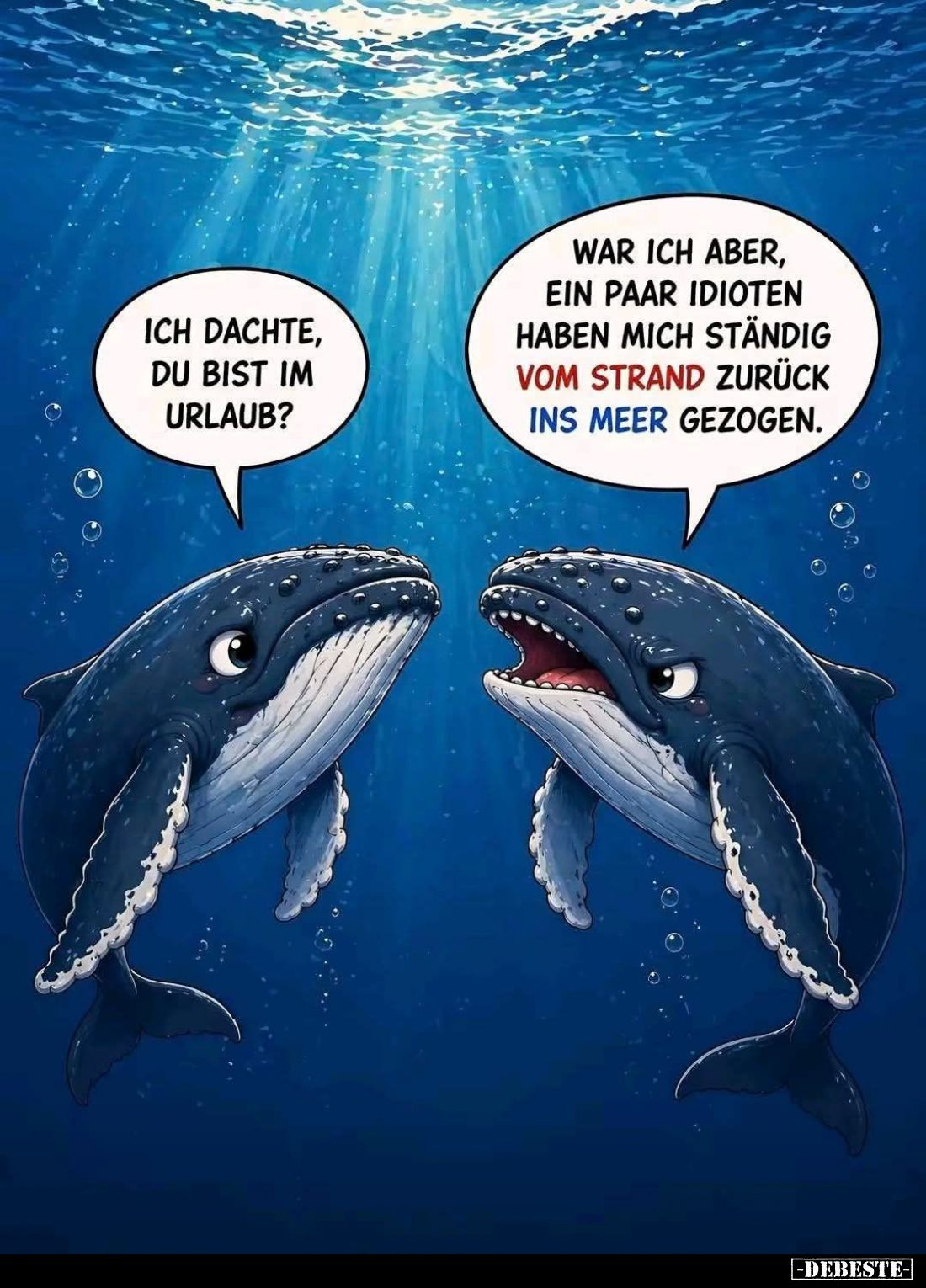 Ich dachte, du bist im Urlaub?
War ich aber, ein paar Idioten haben mich ständig vom Strand zurück ins Meer gezogen.