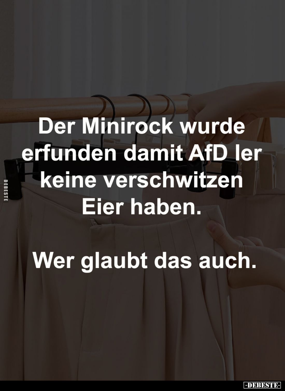 Der Minirock wurde 
erfunden damit AfD ler 
keine verschwitzen 
Eier haben. 

Wer glaubt das auch.