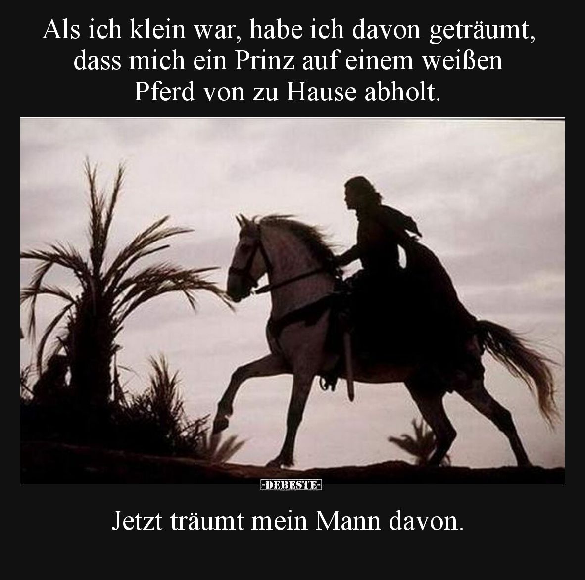 Als ich klein war, habe ich davon geträumt, dass mich ein Prinz auf einem weißen Pferd von zu Hause abholt.

Jetzt träumt m...