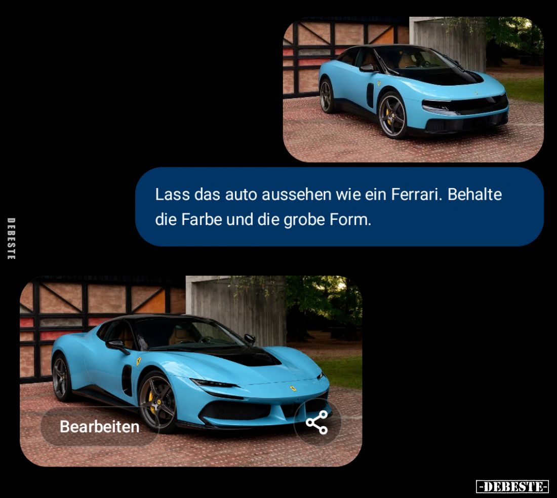 Lass das auto aussehen wie ein Ferrari. Behalte die Farbe und die grobe Form.