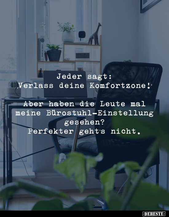 Jeder sagt: Verlass deine Komfortzone! 
Aber haben die Leute mal meine Bürostuhl-Einstellung gesehen? 
Perfekter geht's nic...