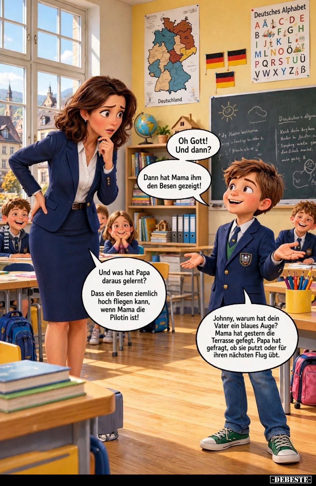 Oh Gott! Und dann? -
Dann hat Mama ihm den Besen gezeigt!
-
Und was hat Papa daraus gelernt?
Dass ein Besen ziemlich hoch...