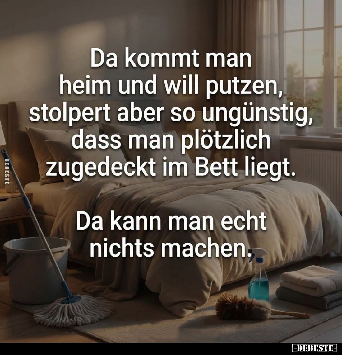 Da kommt man heim und will putzen, stolpert aber so ungünstig, dass man plötzlich zugedeckt im Bett liegt.
Da kann man echt ...
