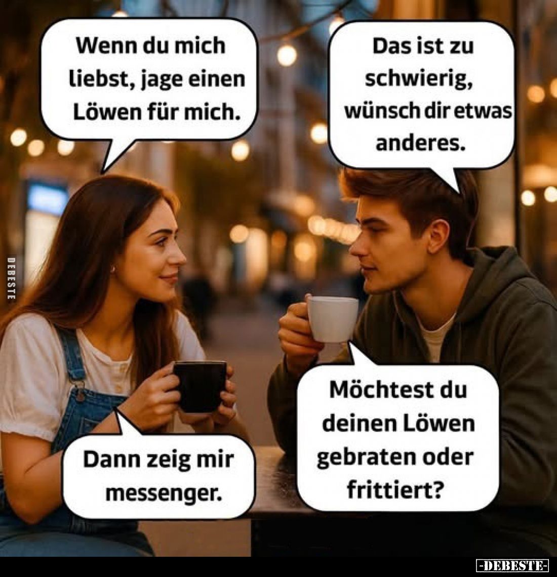Wenn du mich liebst, jage einen Löwen für mich.
Das ist zu schwierig, wünsch dir etwas anderes.
Dann zeig mir messenger.
M...