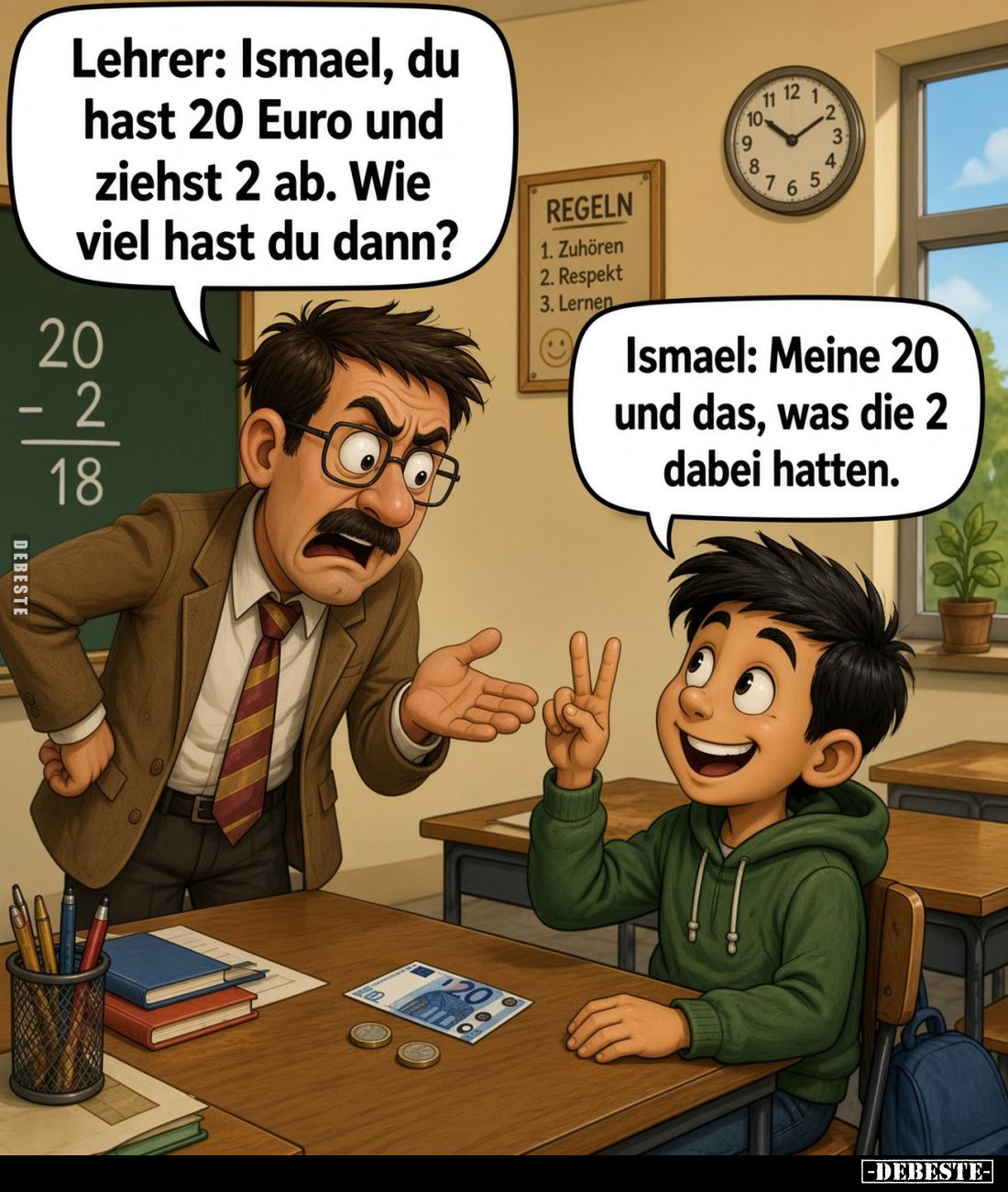 Lehrer: Ismael, du hast 20 Euro und ziehst 2 ab. Wie viel hast du dann?
Ismael: Meine 20 und das, was die 2 dabei hatten.