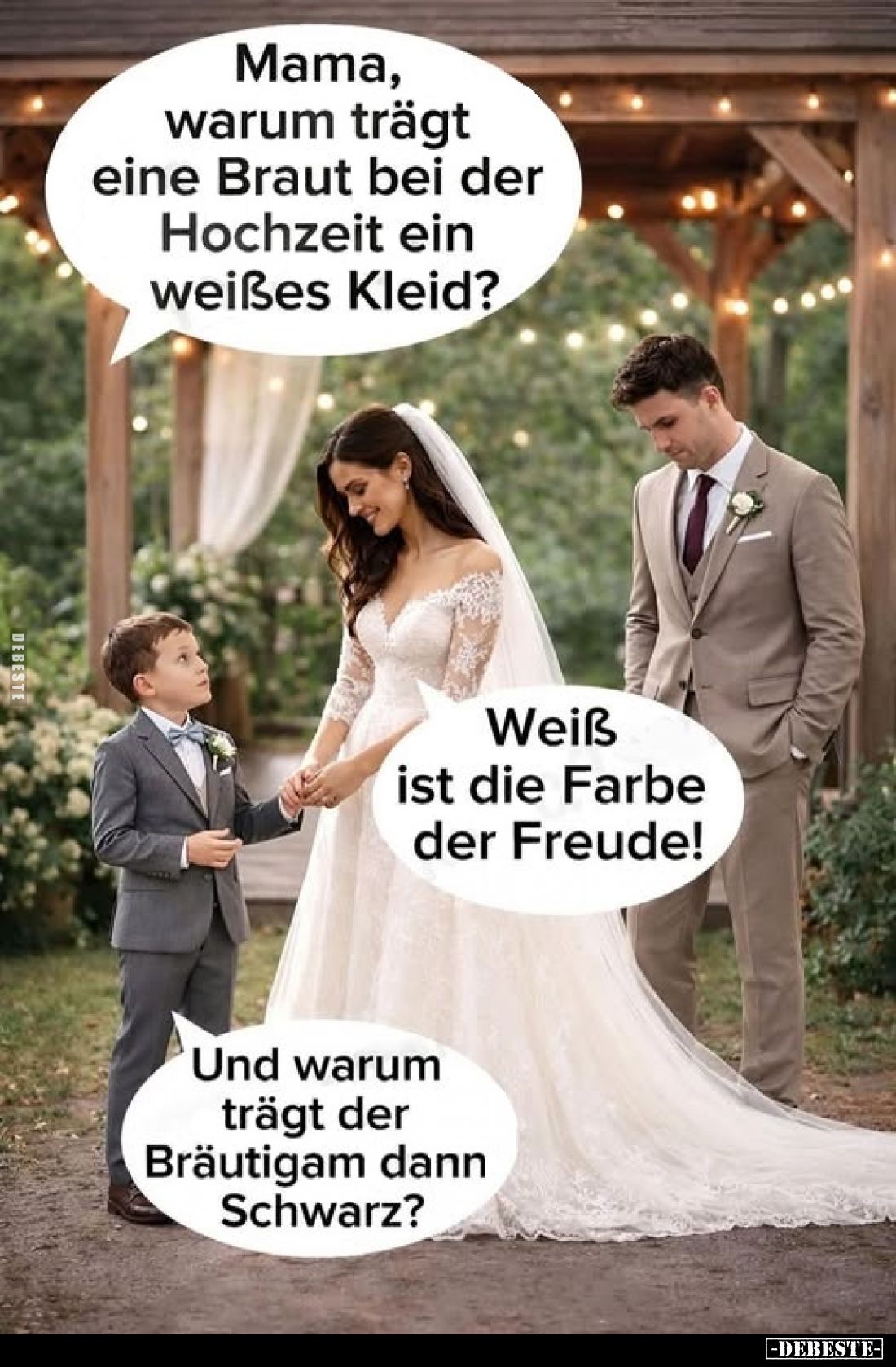 Mama, warum trägt eine Braut bei der Hochzeit ein weißes Kleid?
-
Weiß ist die Farbe der Freude!
-
Und warum trägt der Br...