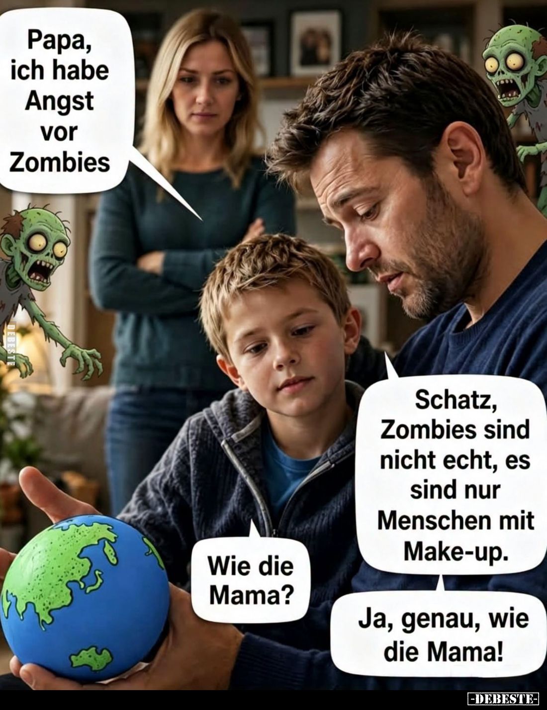 Papa, ich habe Angst vor Zombies. -
Schatz, Zombies sind nicht echt, es sind nur Menschen mit Make-up. - Wie die Mama? -
...