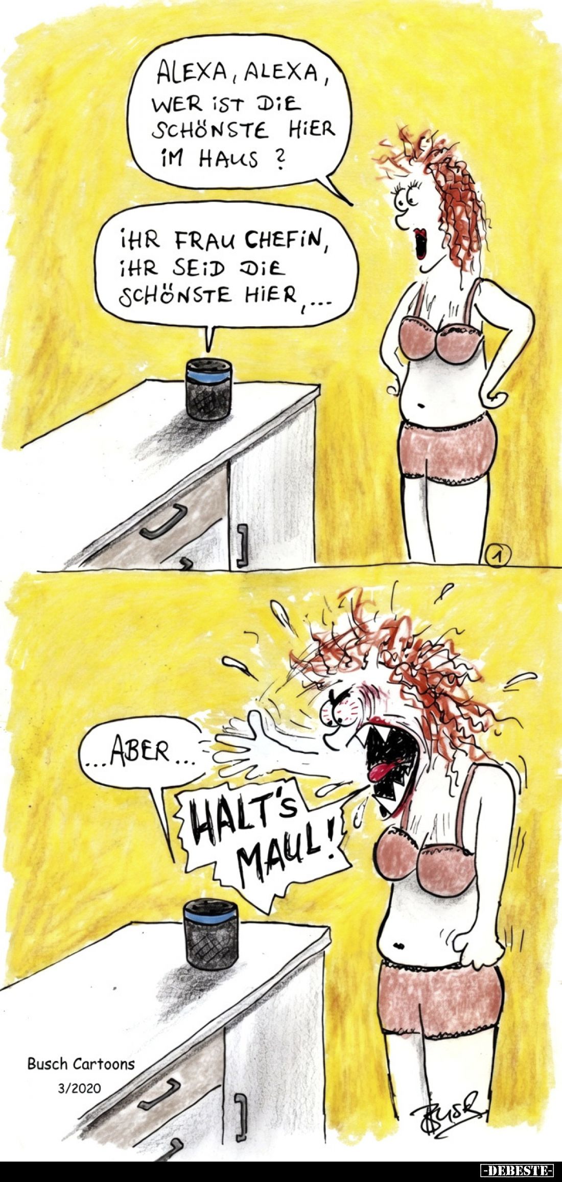 Alexa, Alexa, wer ist die schönste hier im Haus?
Ihr Frau Chefin, Ihr seid die schönste hier, ...
...Aber...
Halt's Maul!