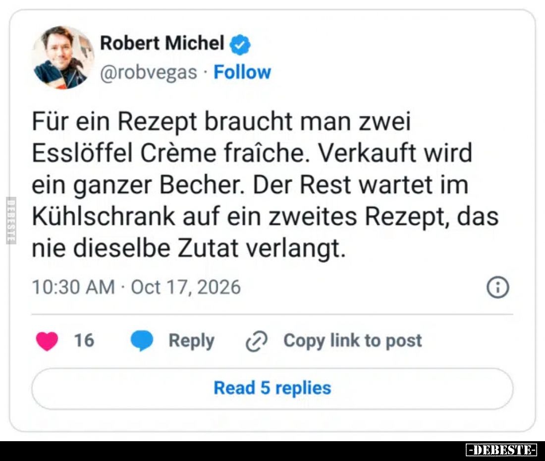 Für ein Rezept braucht man zwei Esslöffel Crème fraîche. 
Verkauft wird ein ganzer Becher. 
Der Rest wartet im Kühlschrank ...
