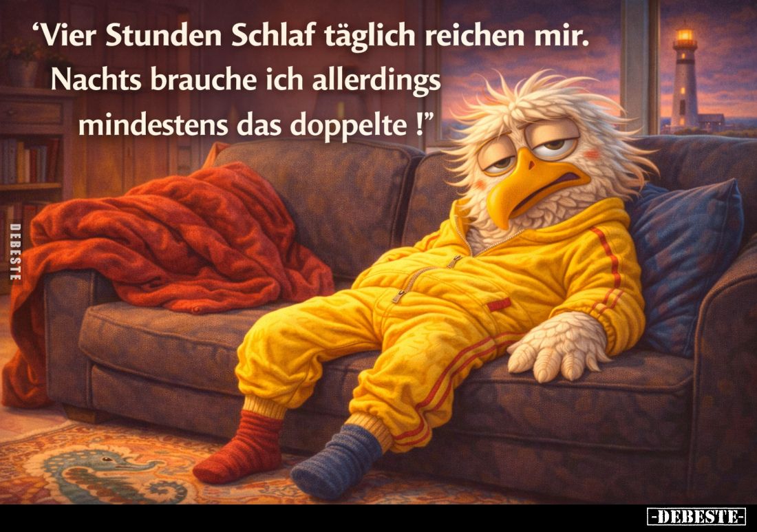 Vier Stunden Schlaf täglich reichen mir.
Nachts brauche ich allerdings mindestens das doppelte !