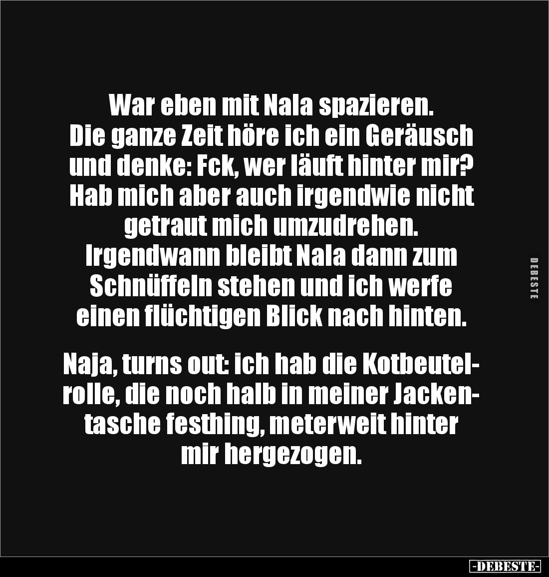 War eben mit Nala spazieren.
Die ganze Zeit höre ich ein Geräusch und denke: Fck, wer läuft hinter mir?
Hab mich aber auch ...
